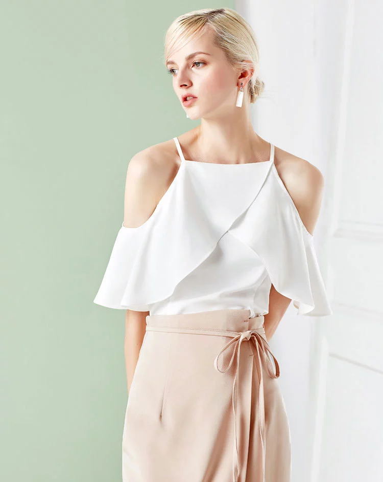 Sling falbala  Condole belt off-the-shoulder Chiffon shirt