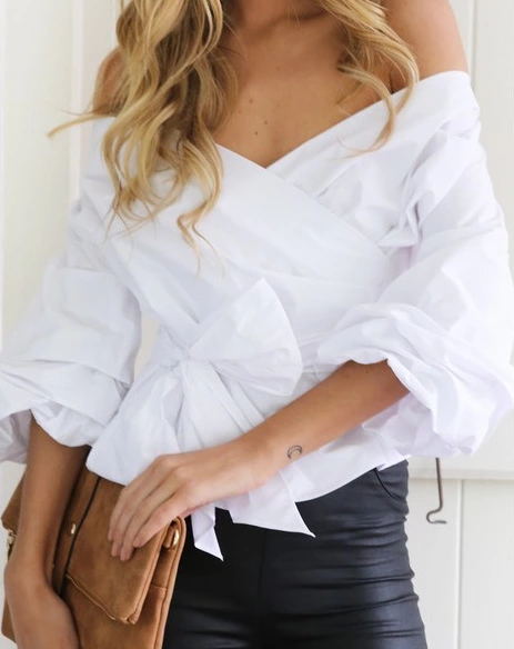 V neck bowknot chiffon shirt