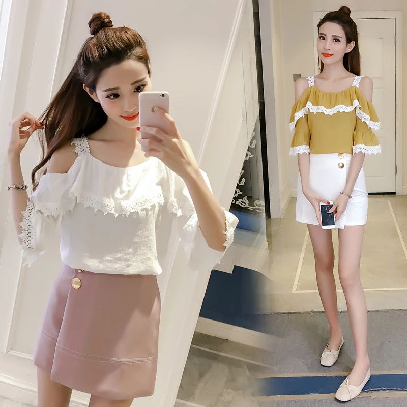 Lace stitching chiffon blouse