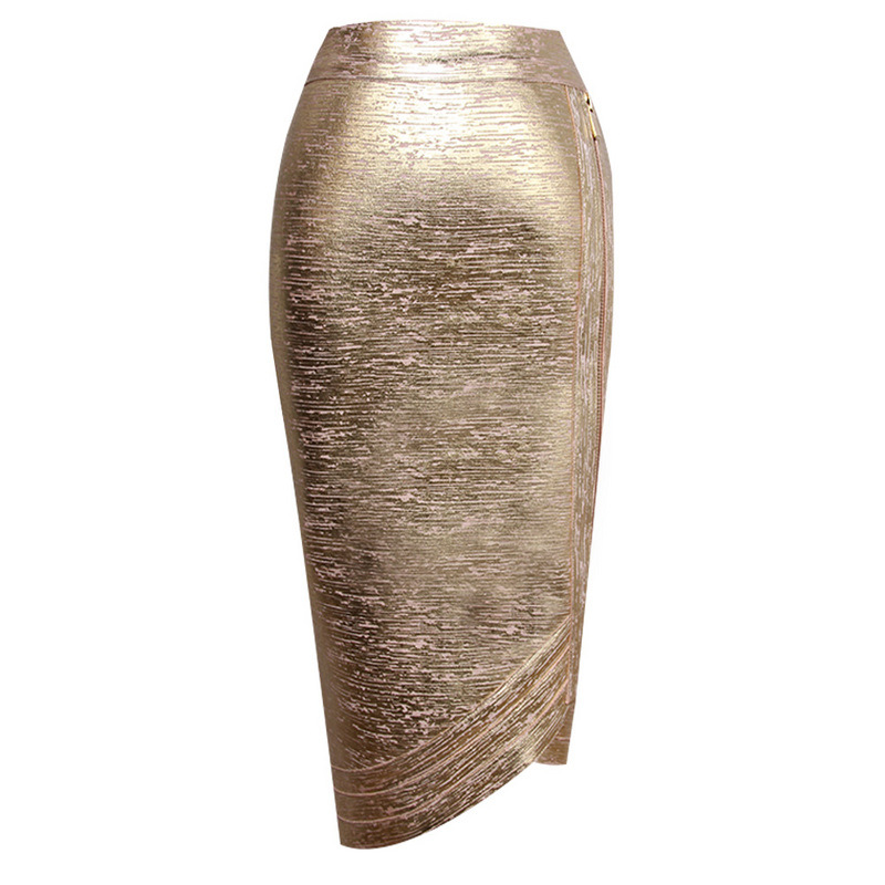 Medium long irregular zipper gold bandage skirt