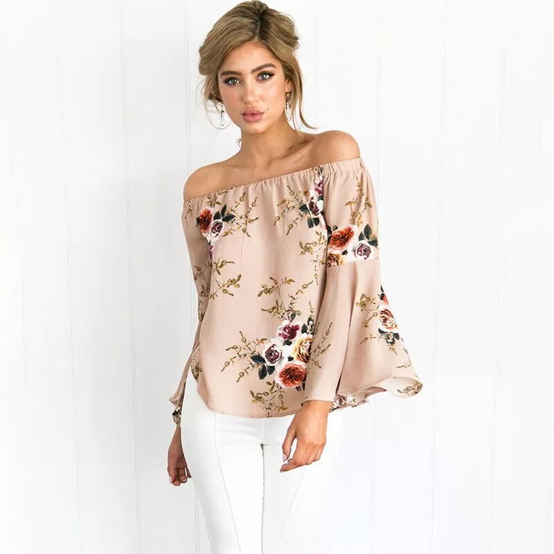 Boat neck trumpet Sleeve Chiffon Blouse